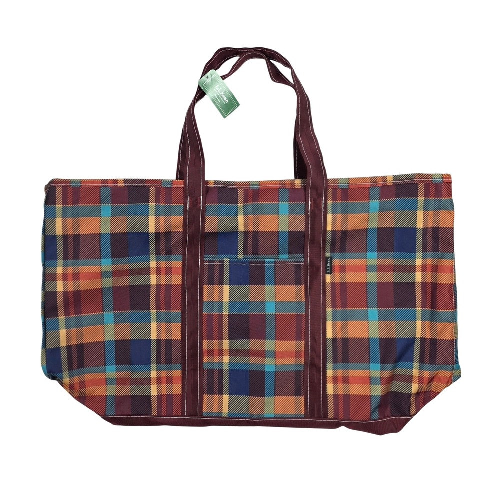 LL Bean Everyday Lightweight Tote Bag XL Plaid Multi-Color Zippered 302381 NWT